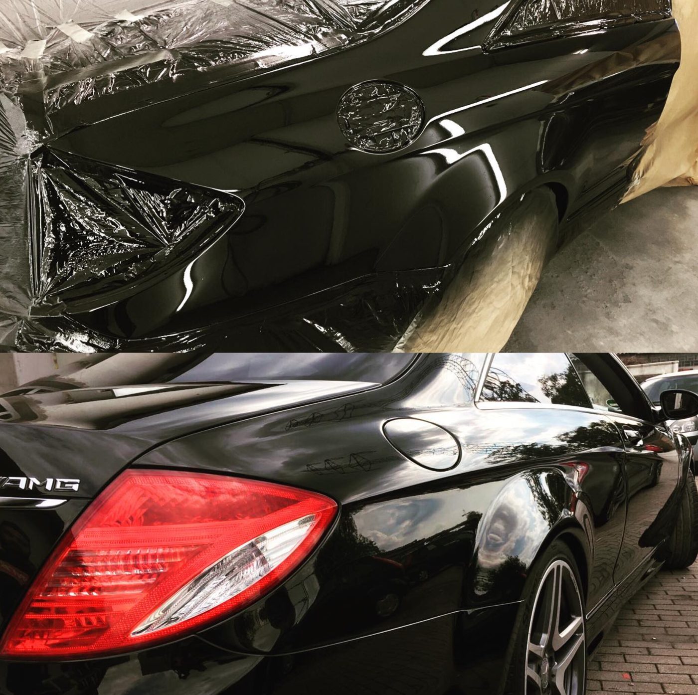 Schwarzer Mercedes in der Lackierkabine und nach der Fertigstellung